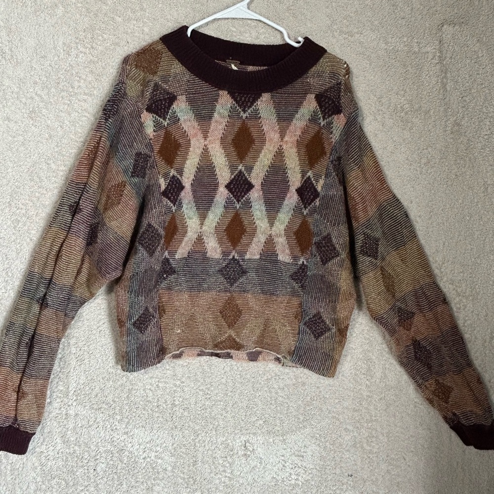 Free People Diamond Days Sweater Brown Multi,  Size M. Boho Casual Comfort